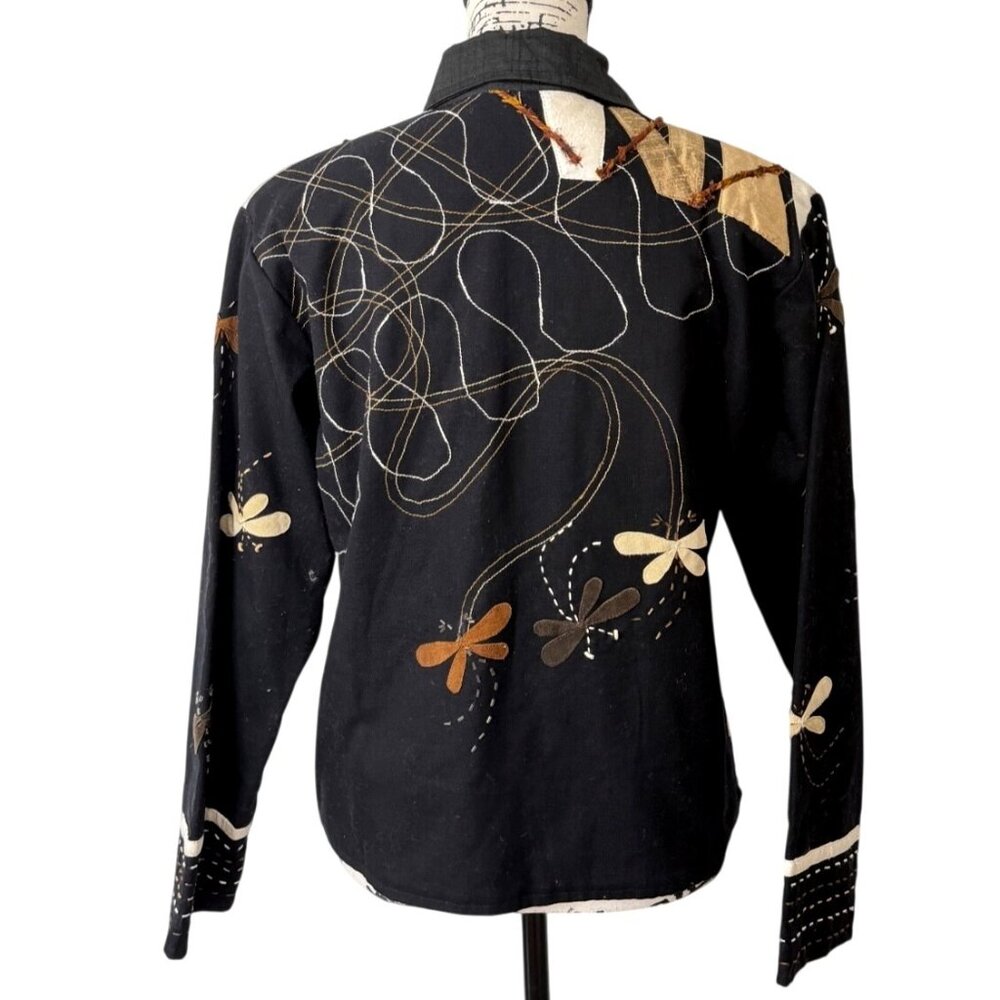 Yak Magik Women Size S Jacket Patchwork Art Embroidered Dragonfly Black Cream - Picture 3 of 8